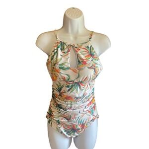 Ellen Tracy Floral One Piece‎ Swimsuit Tummy Control Keyhole White Sz 8